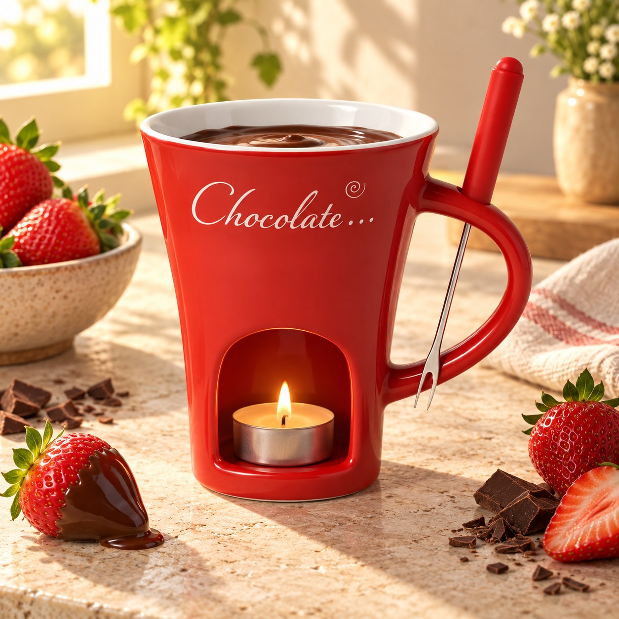 Cherry red fondue mug with warm chocolate and strawberries on a dessert table